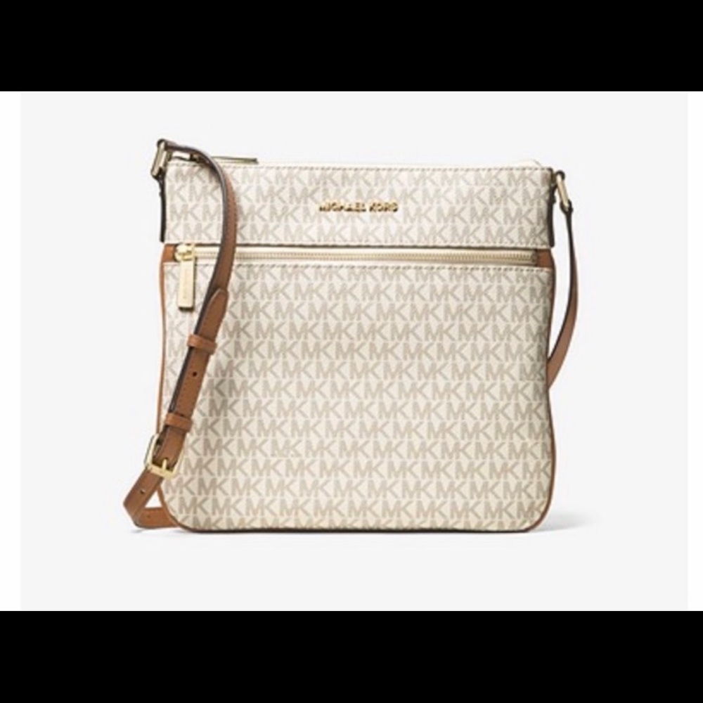 Michael Kors Cream MK Logo Crossbody with Brown Strap